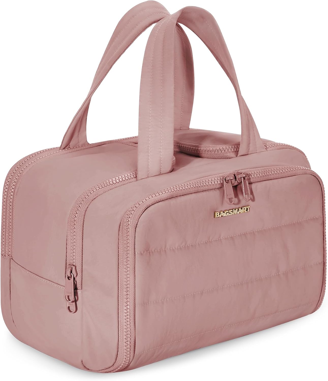 BAGSMART travel toiletry bag front view with dark pink puffy design