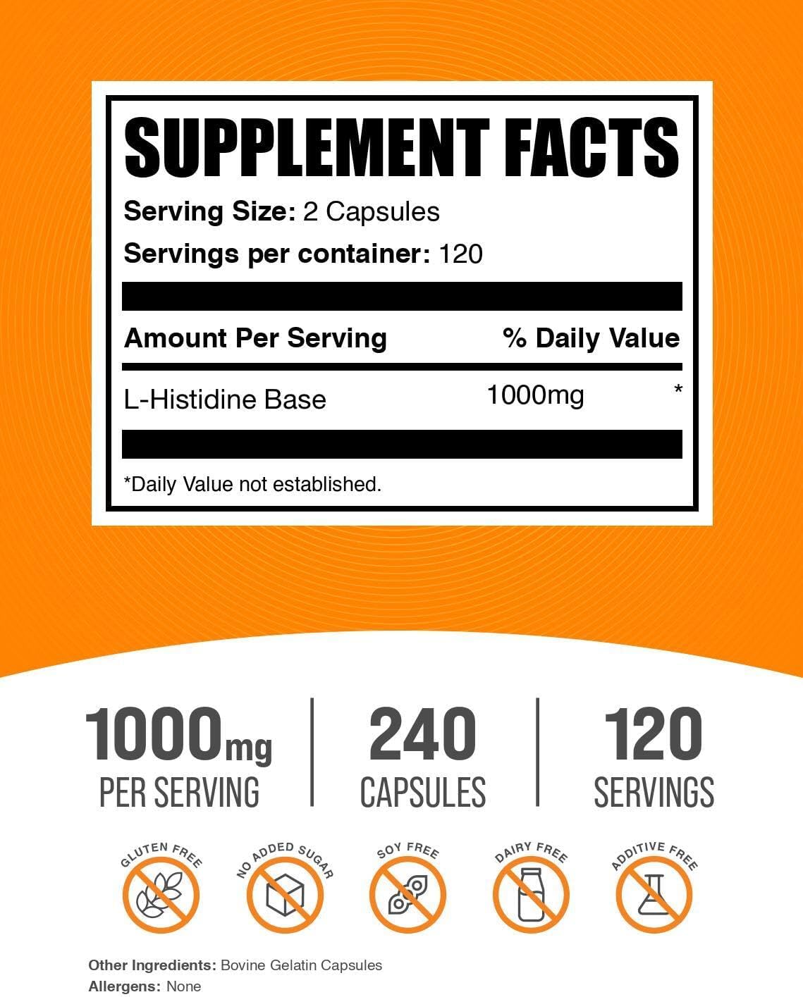 BulkSupplements L-Histidine 1000mg supplement facts label showing pure ingredients