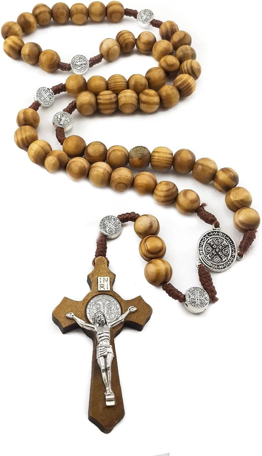 Nazareth Store rosary necklace displayed alongside its signature purple velvet storage bag