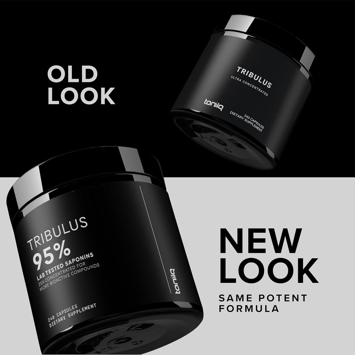 Toniiq Tribulus 1300mg capsules container emphasizing 95 percent active saponins