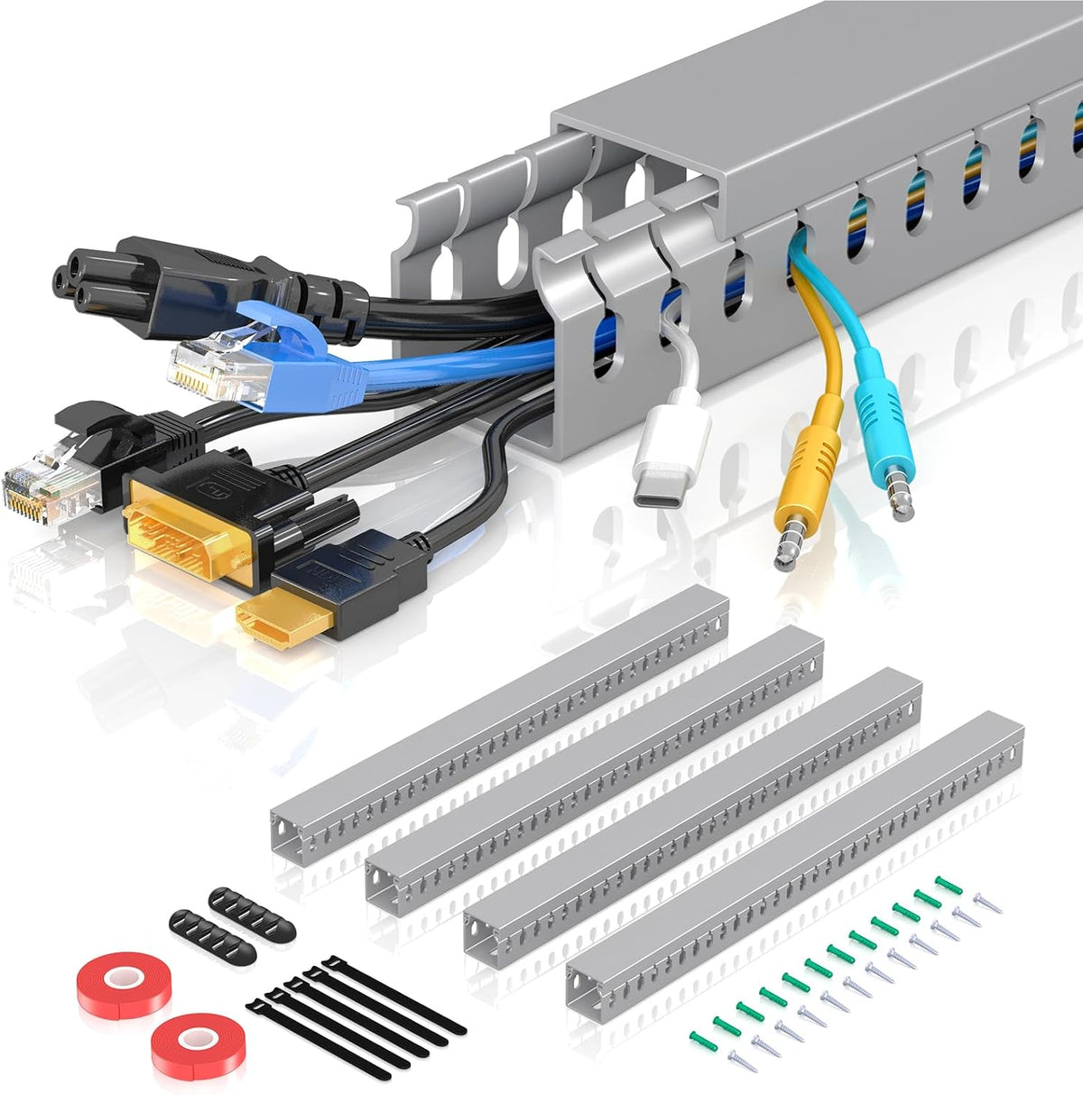 Aocii open slot wire duct kit front view showing grey PVC cable management channels and mounting accessories.