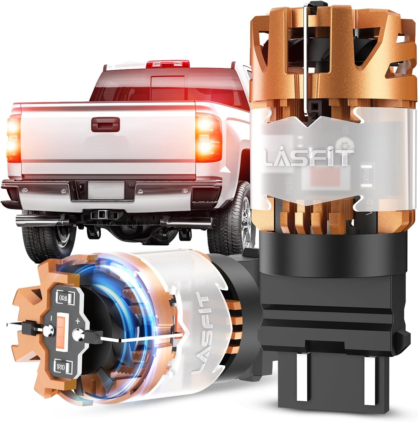 LASFIT 3157 red LED brake light bulbs front view showing the copper heat sink design