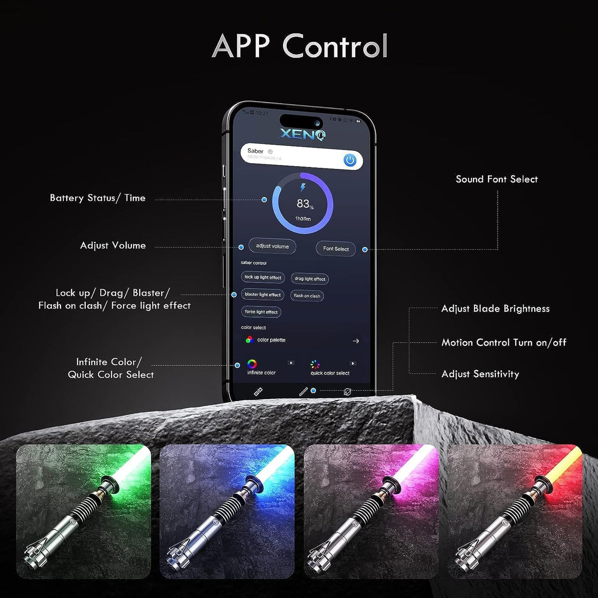 Adawlert lightsaber displayed with smartphone app control interface.