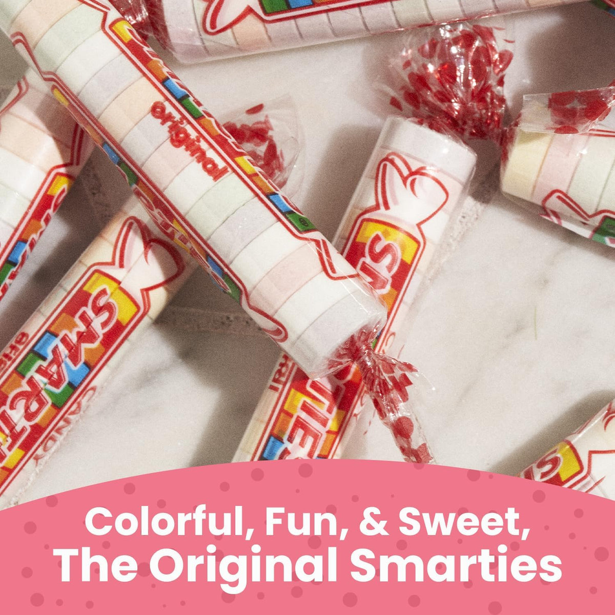 Assorted colorful Smarties candy rolls for parties