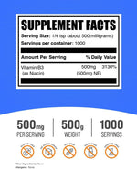 BulkSupplements Vitamin B3 packaging supplement facts and ingredient label details.