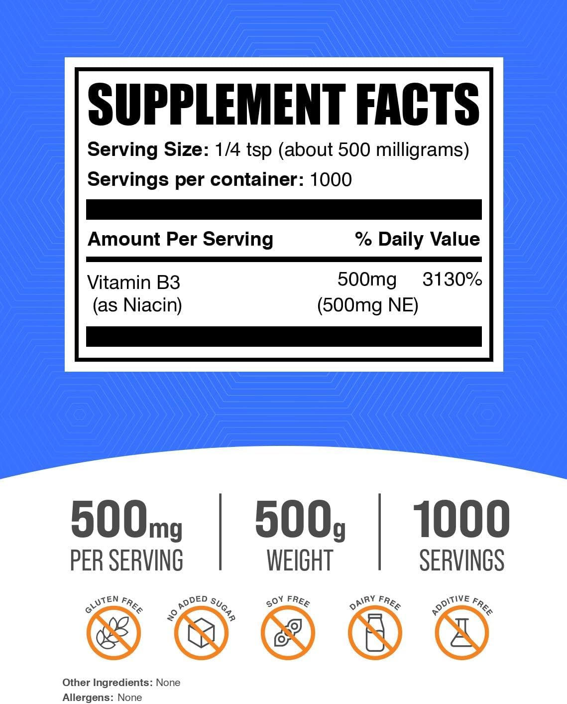 BulkSupplements Vitamin B3 packaging supplement facts and ingredient label details.