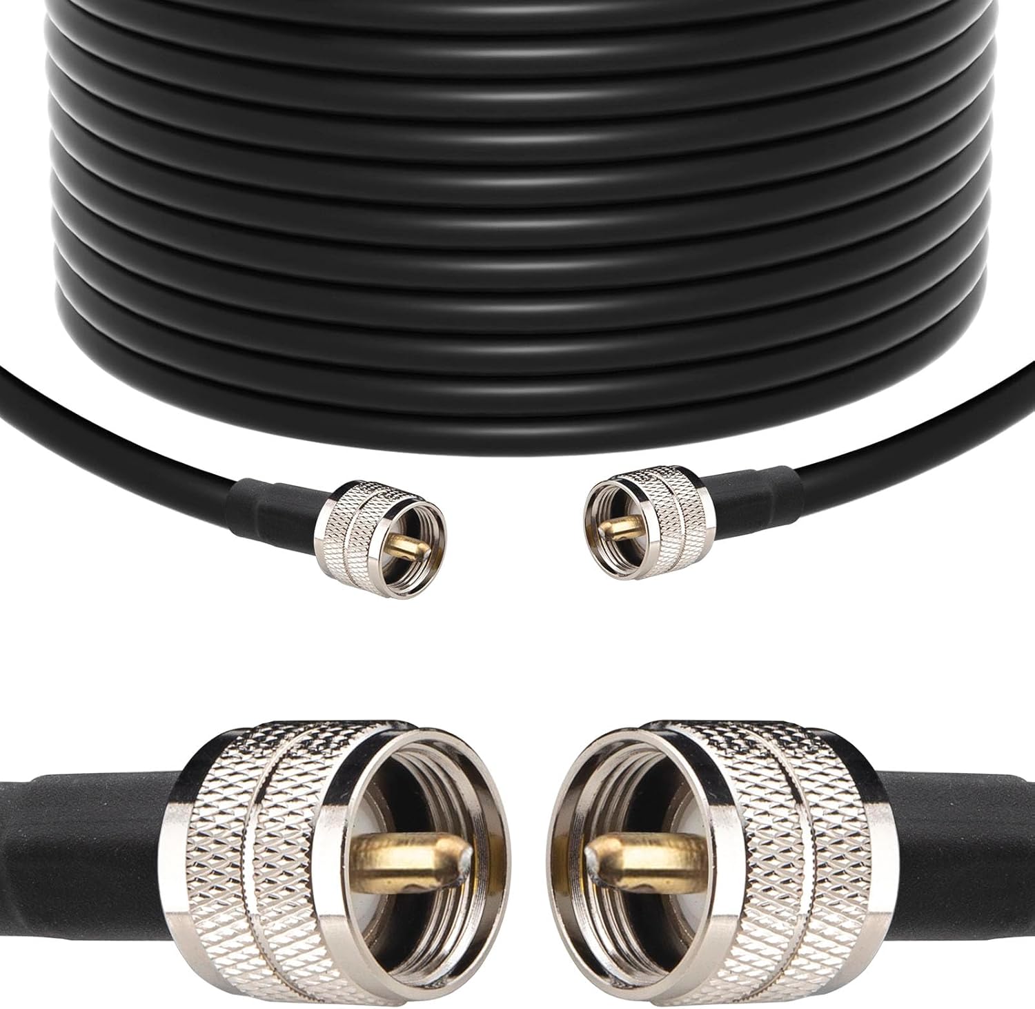 YOTENKO RG213 Coaxial Cable 25 Feet front view showing coiled black cable with PL-259 connectors.