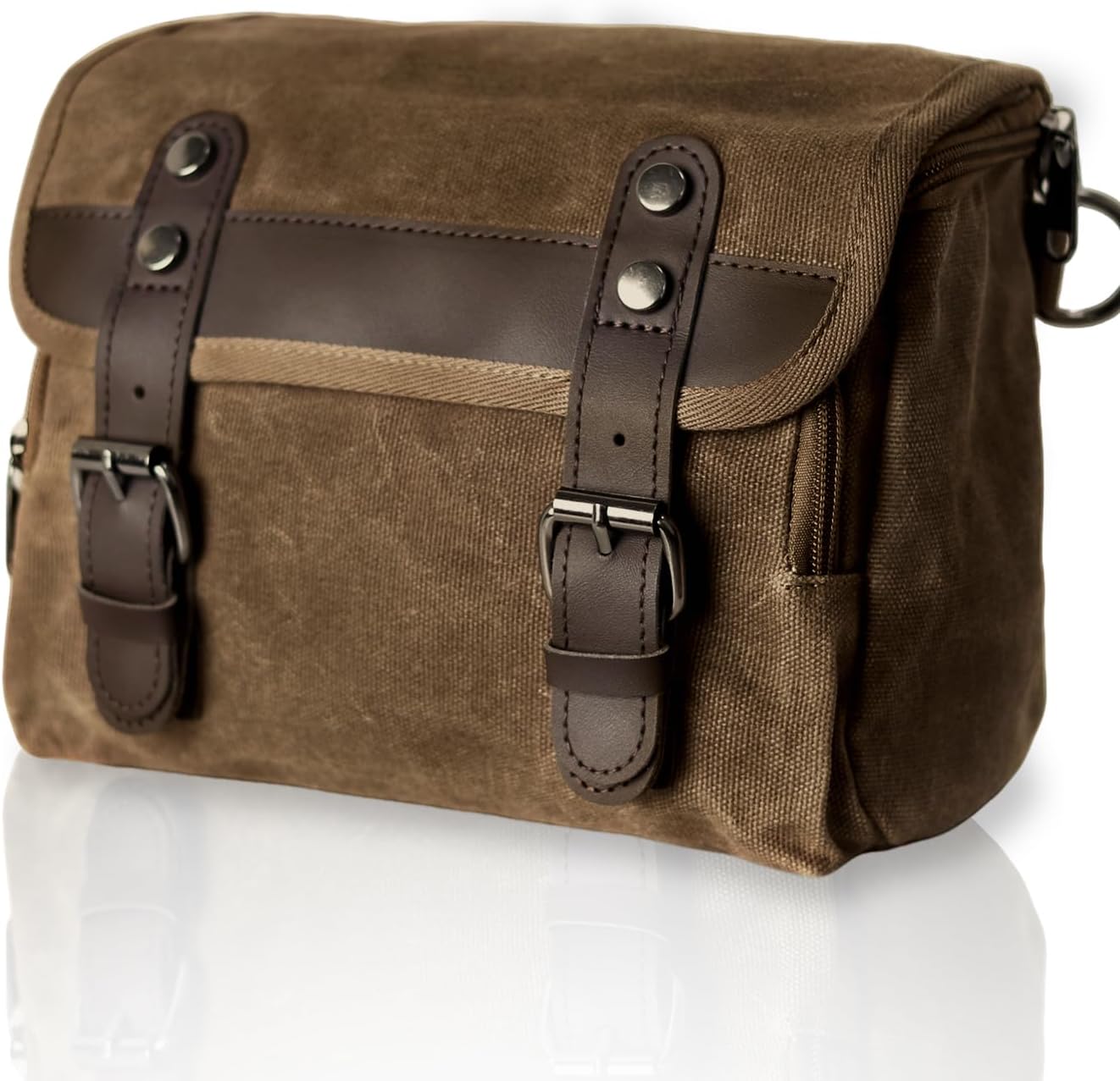 Leather Native vintage motorcycle tool bag front view featuring dark brown leather straps and waxed canvas body.