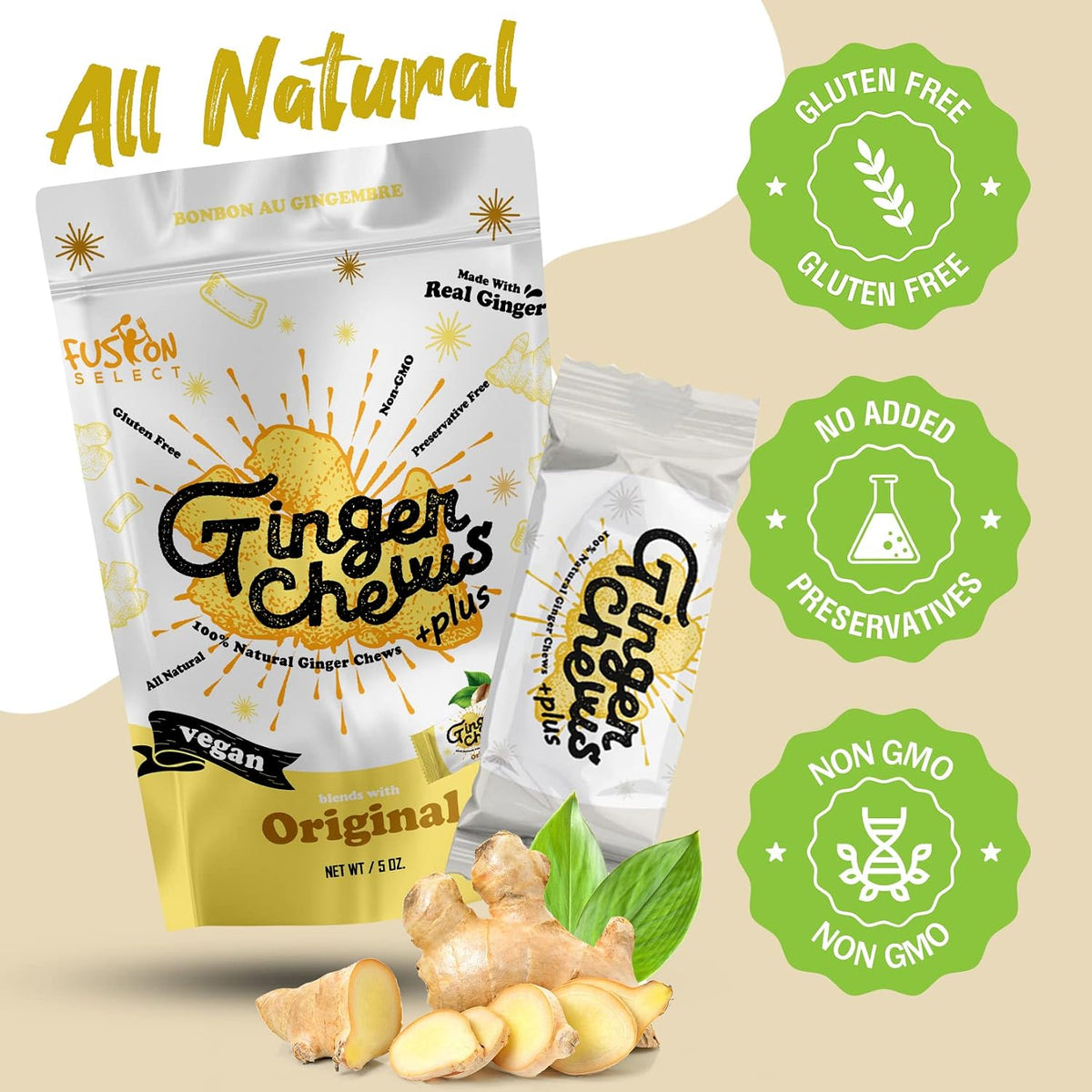 Individually wrapped vegan ginger chews spread out next to the Fusion Select original flavor bag.