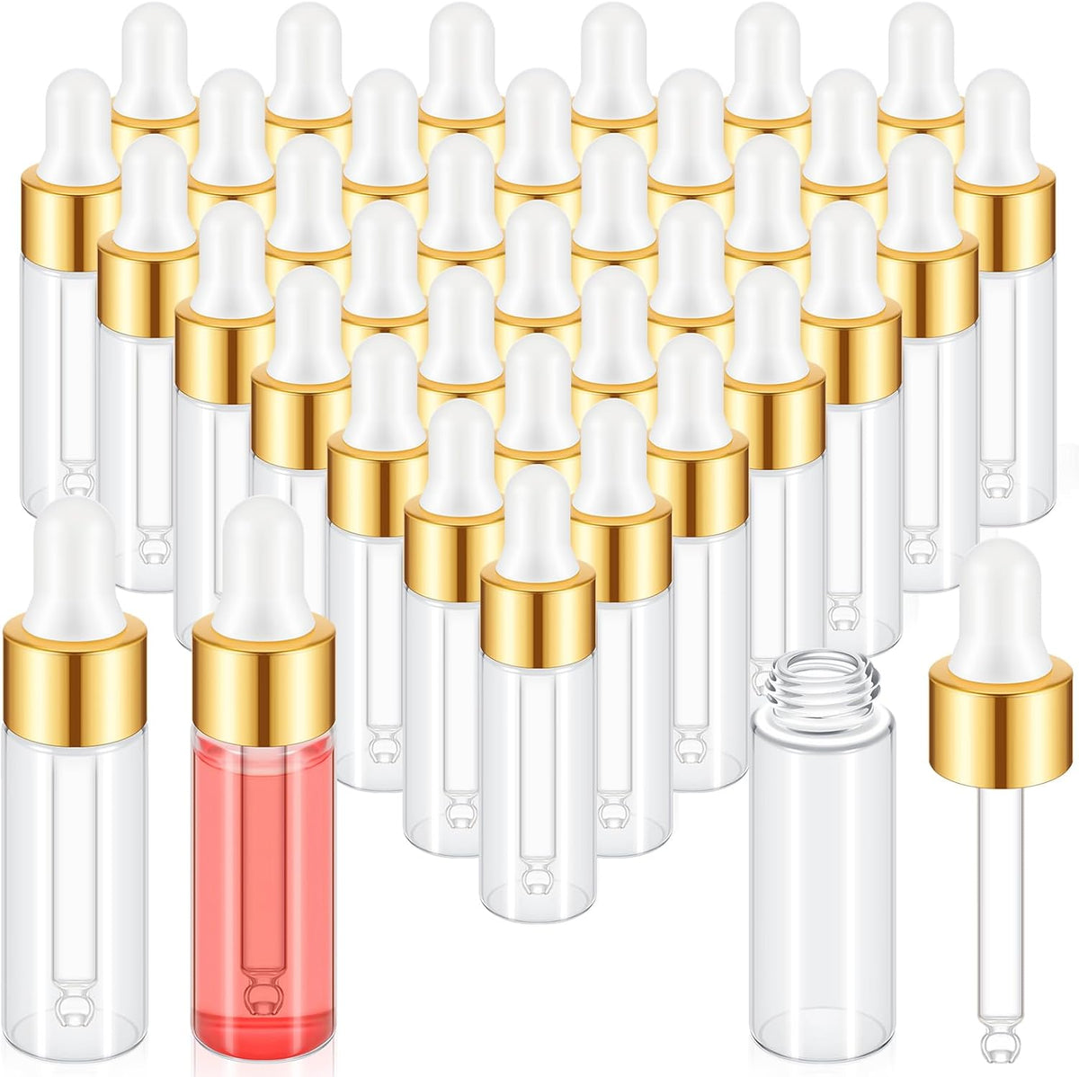 Didaey 200 Pcs 1/2/3/5/10/15 ml Mini Glass Oil Dropper Bottle Bulk, Clear Essential Small Empty Bottles Sample Containers Perfume Liquid Vials with Cap for Traveling (2 ml,Champagne Gold) - Image 13