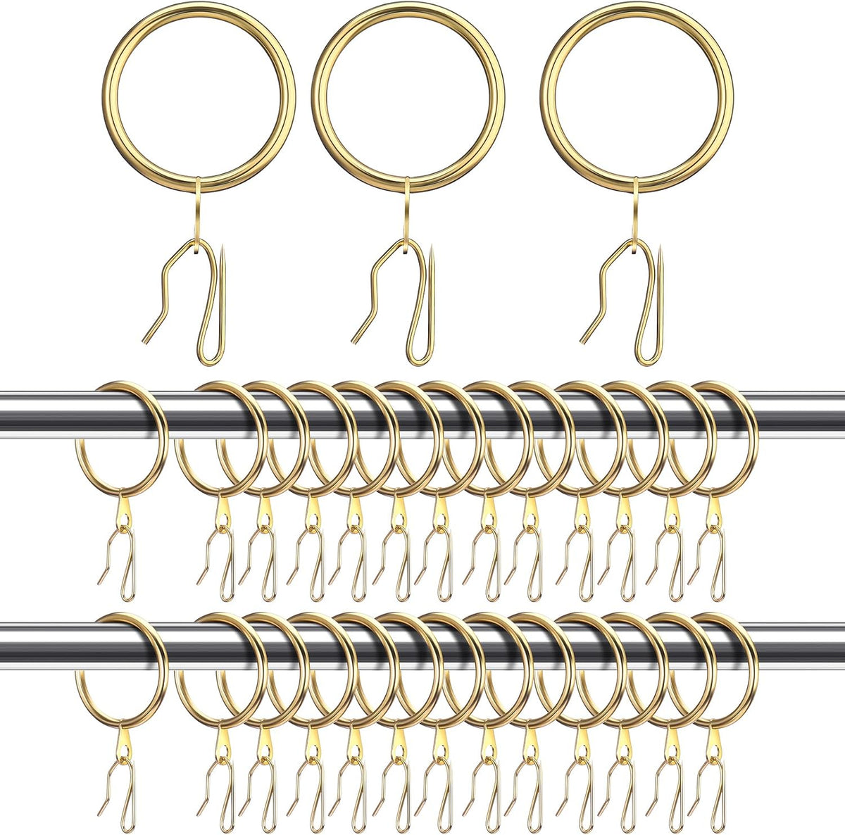 Hotop metal drapery curtain rings gold front view of complete sixty piece hardware kit