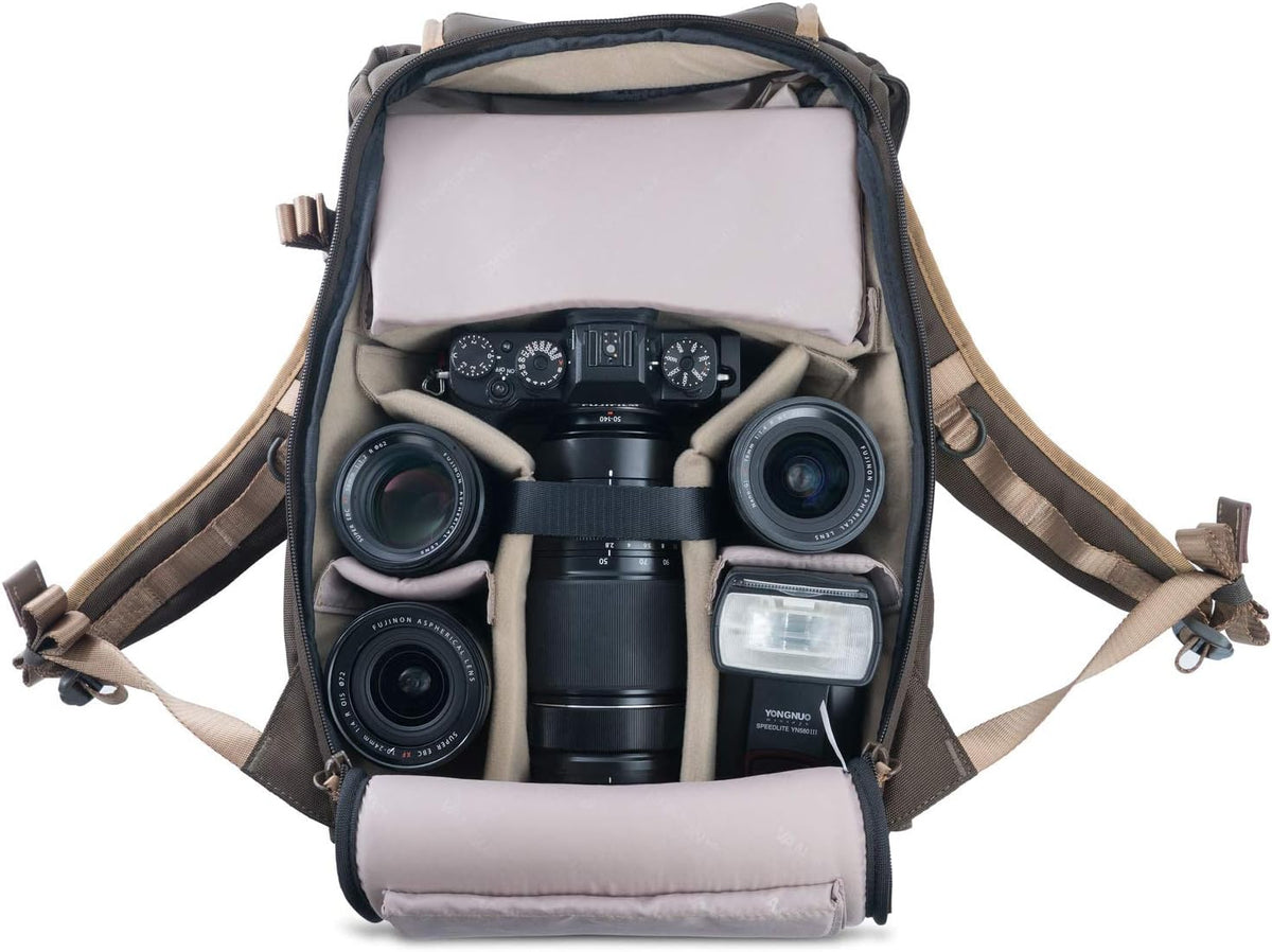 Vanguard VEO GO 42M khaki green backpack side profile with tripod attached