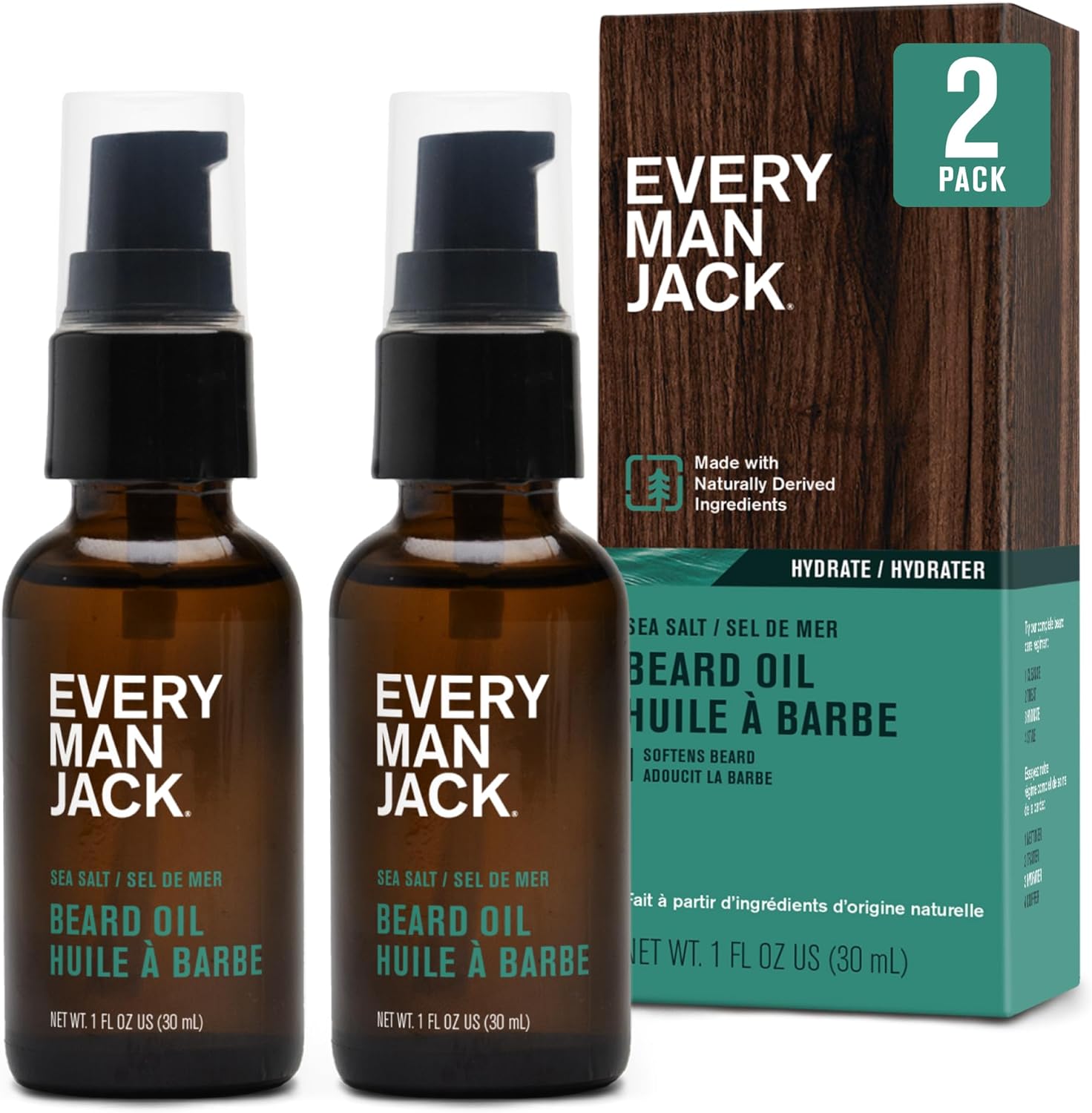 Every Man Jack Men Beard Oil Sea Salt Twin Pack front view showing two bottles of nourishing facial hair oil.