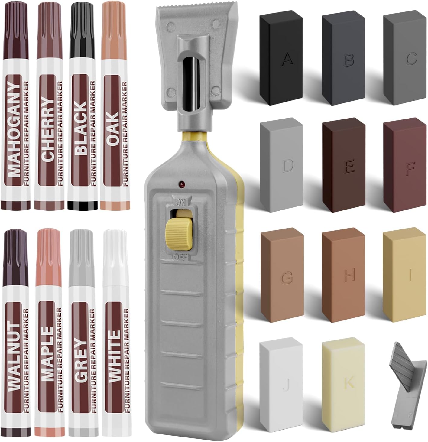 Falesoul laminate floor repair kit front view showing the complete box packaging with eleven hard wax bars and eight touch up markers for household wood restoration.