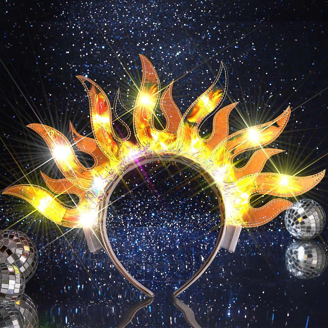 REETAN Light Up Fire Headband front view showing illuminated neon yellow LED flame shapes on a flexible hair hoop.