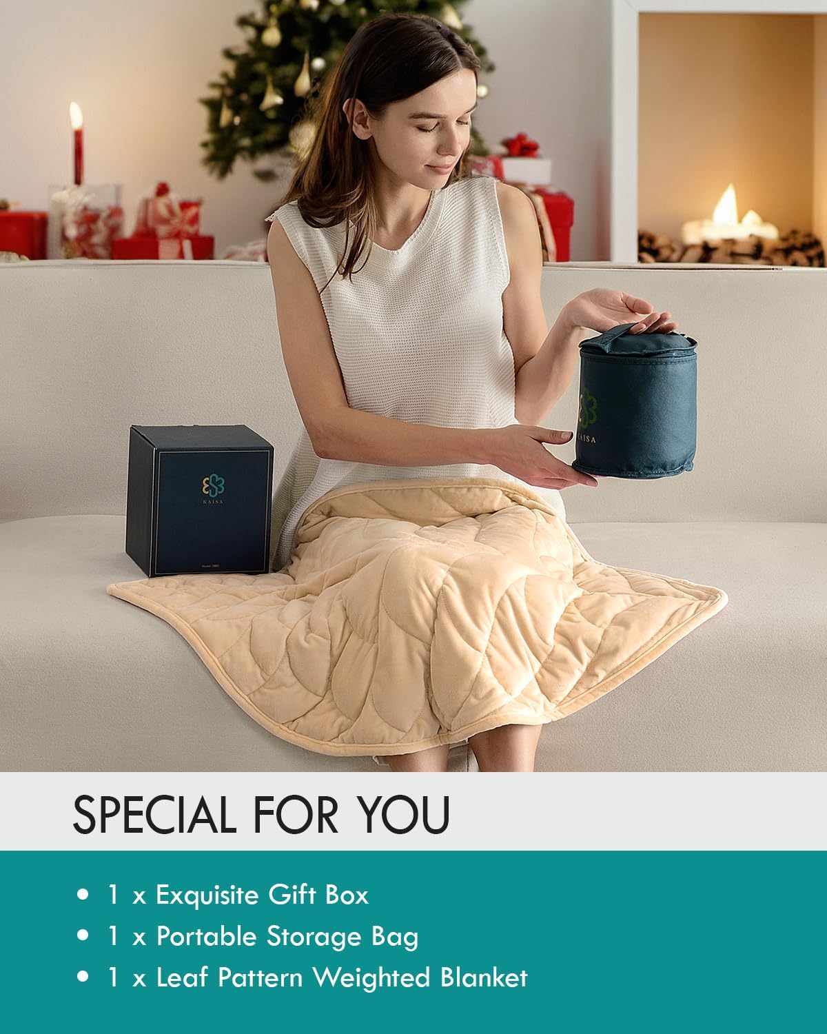 Kaisa lap blanket placed across knees for relaxation