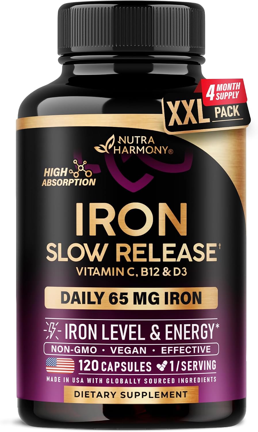 NutraHarmony iron supplement bottle front view high potency capsules