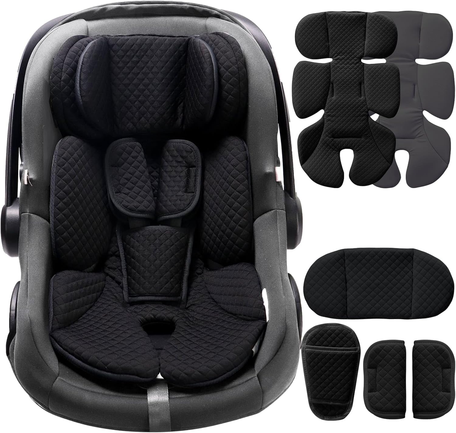 Kakiblin infant car seat insert in black showing full front view of the padded head and body support cushion