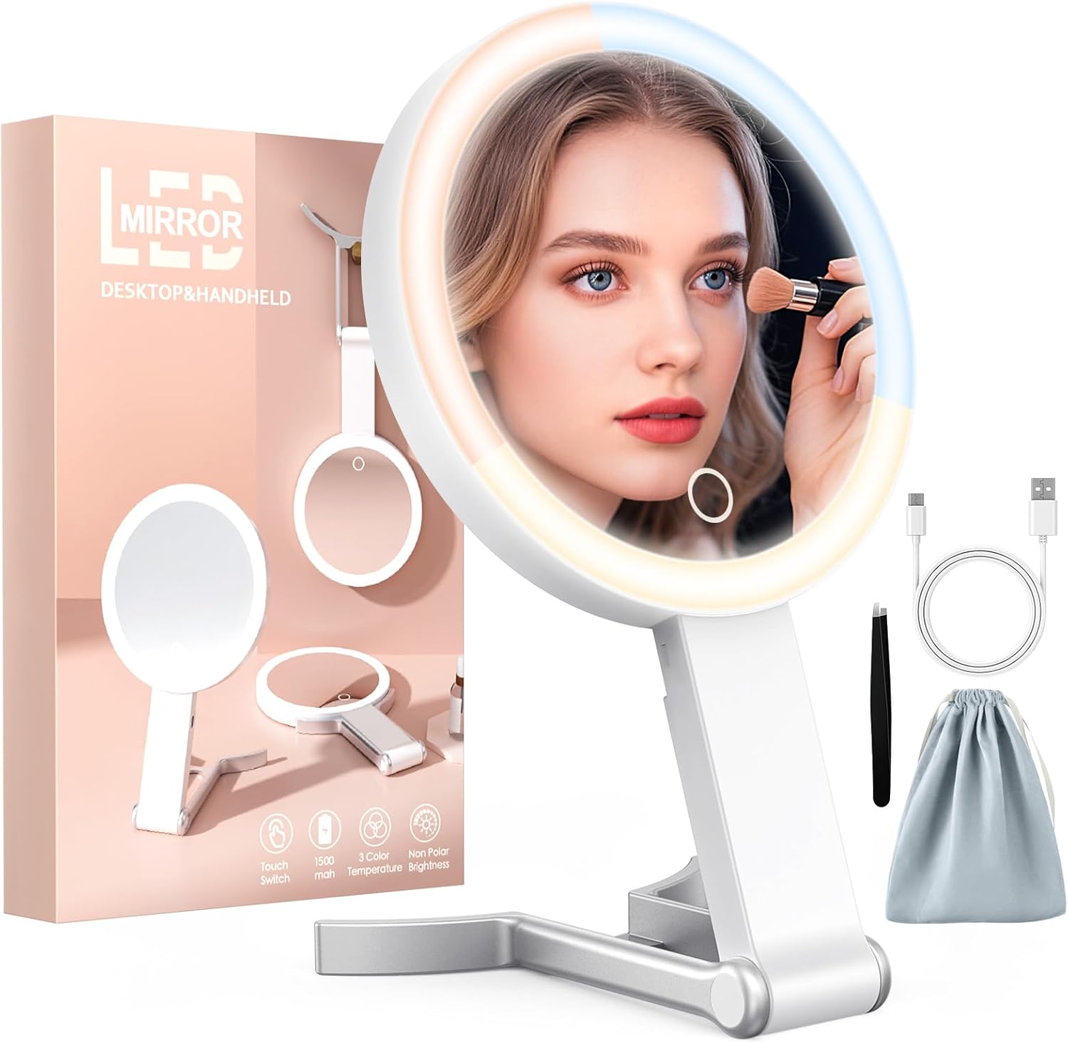 Huncab Travel Makeup Mirror with Lights front view showcasing the bright circular LED illumination.