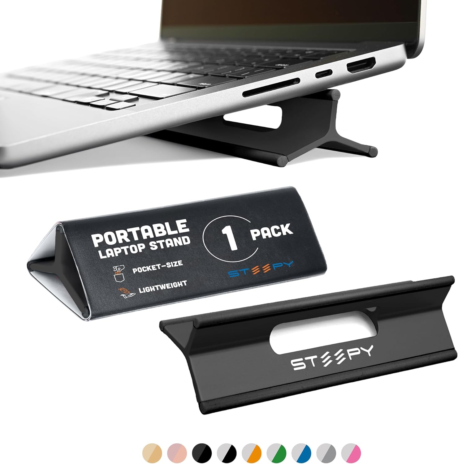 Steepy portable laptop stand front view showing midnight matte finish on a clean desk