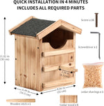 Handmade wooden screech owl box showing rectangular entrance opening