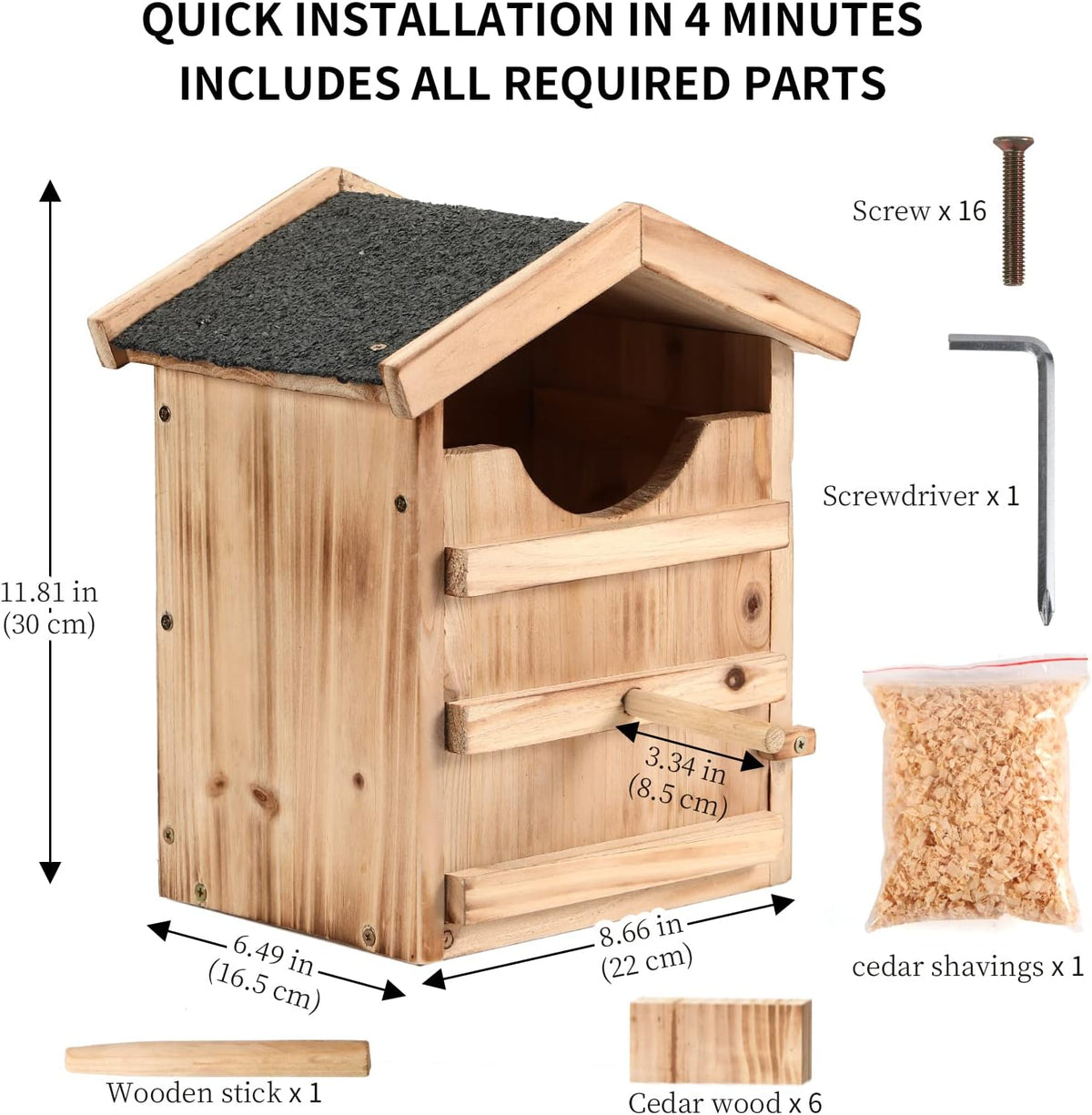 Handmade wooden screech owl box showing rectangular entrance opening