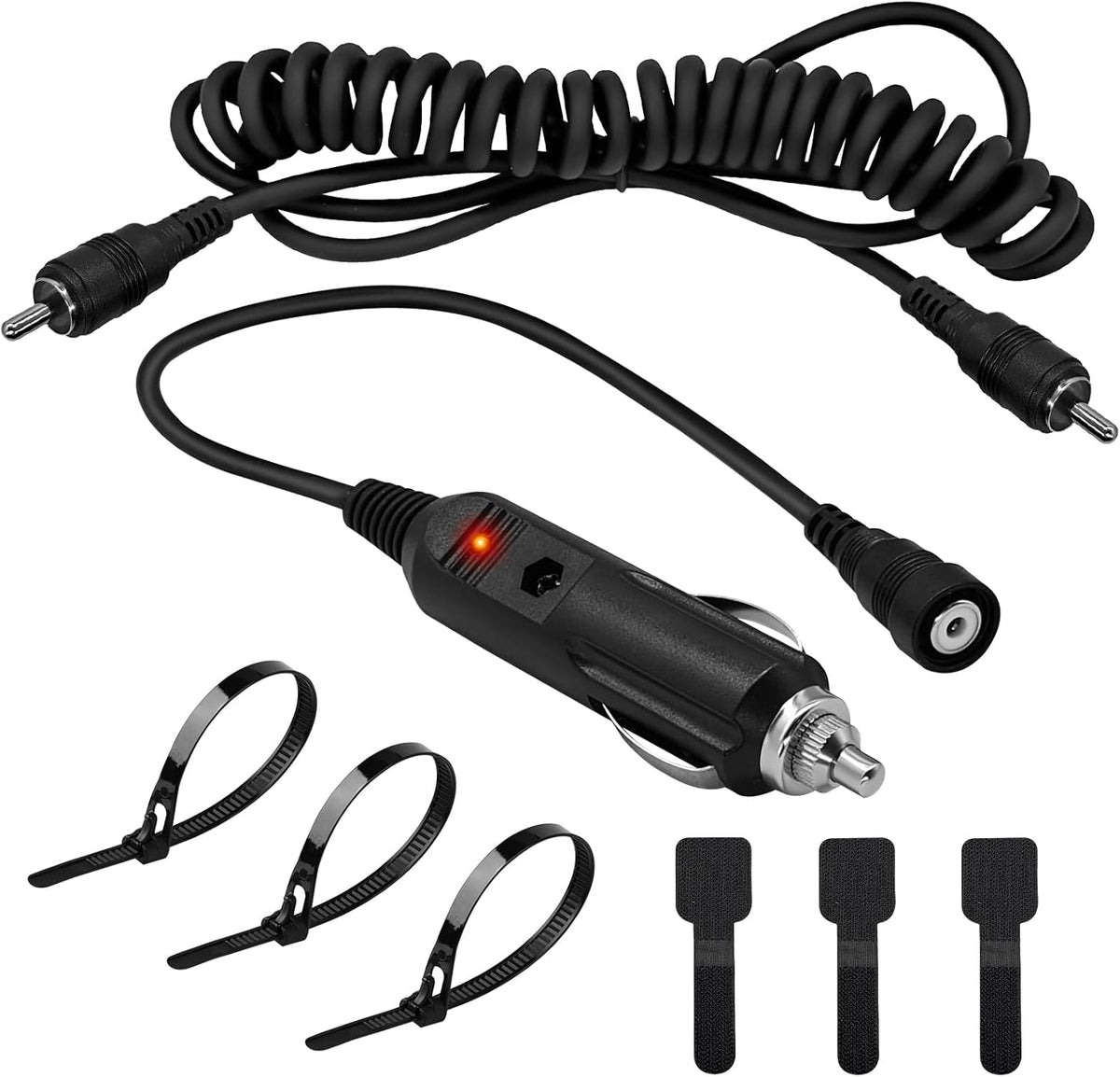 CHolic 12V cigarette lighter socket to RCA plug adapter kit front view showing the male power plug and accessories.
