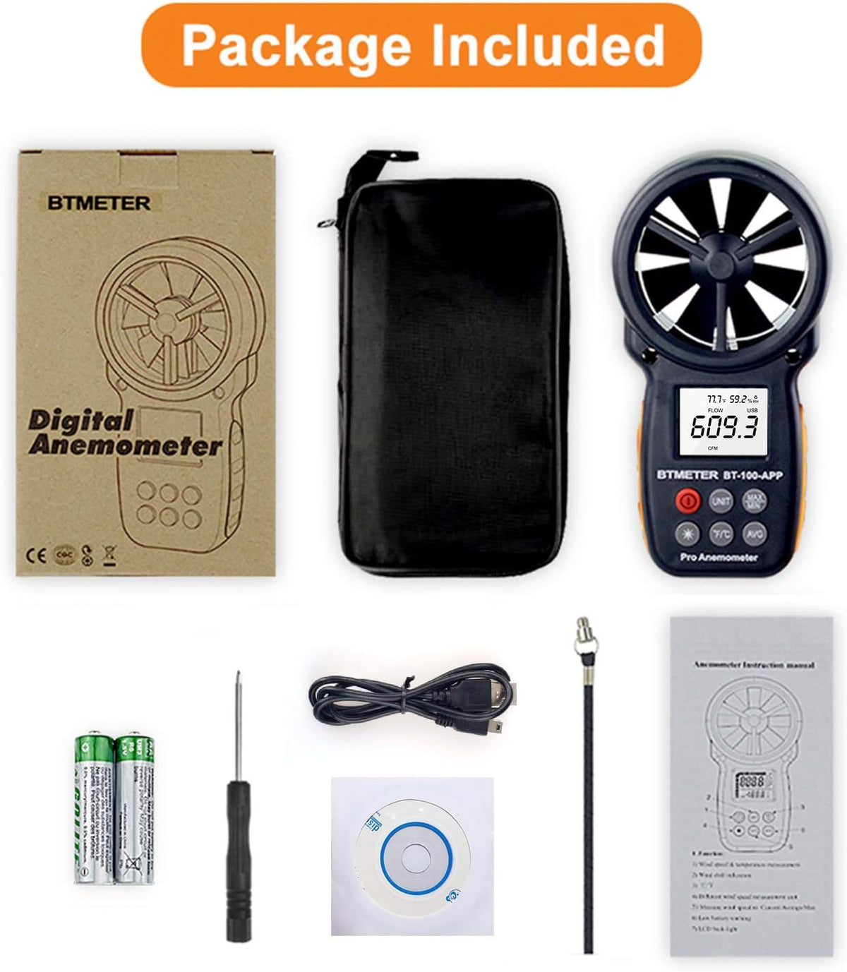 Complete package contents including the meter, USB cable, and user manual