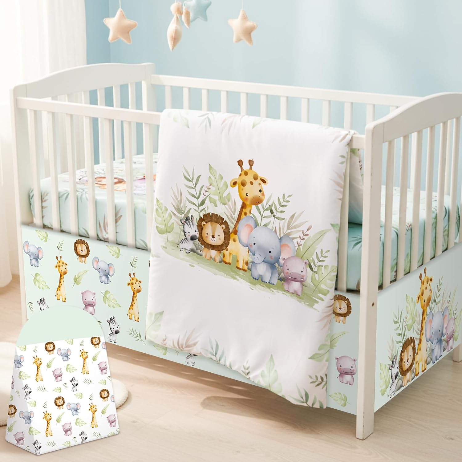 Hahafelt 4 Piece Baby Crib Bedding Set front view featuring jungle safari animals comforter