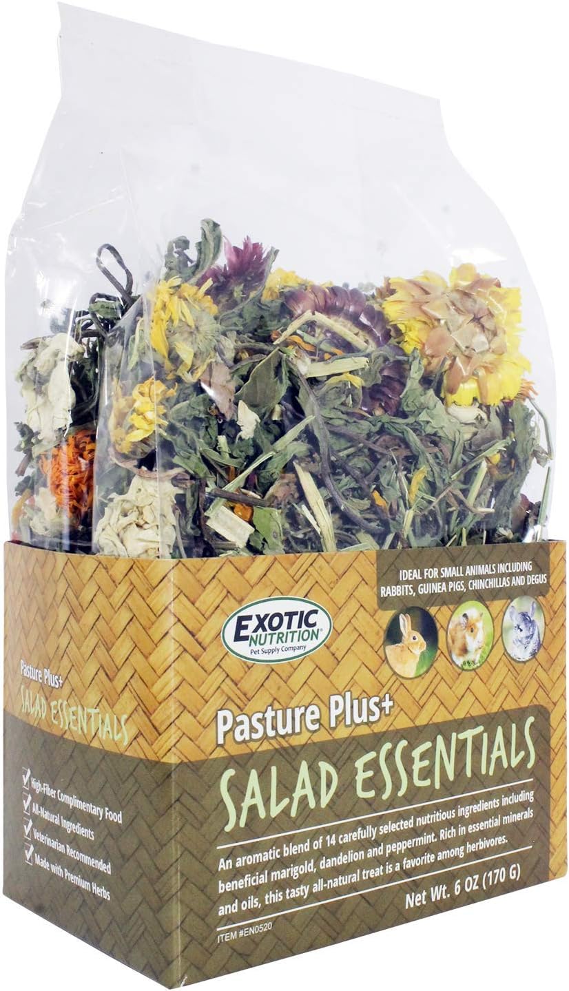 Side profile of the transparent packaging showcasing the high fiber textured herbs for small herbivores.