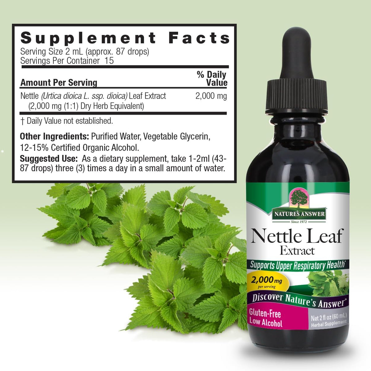 Nature's Answer Nettle Leaf 2 fluid ounces glass bottle close up