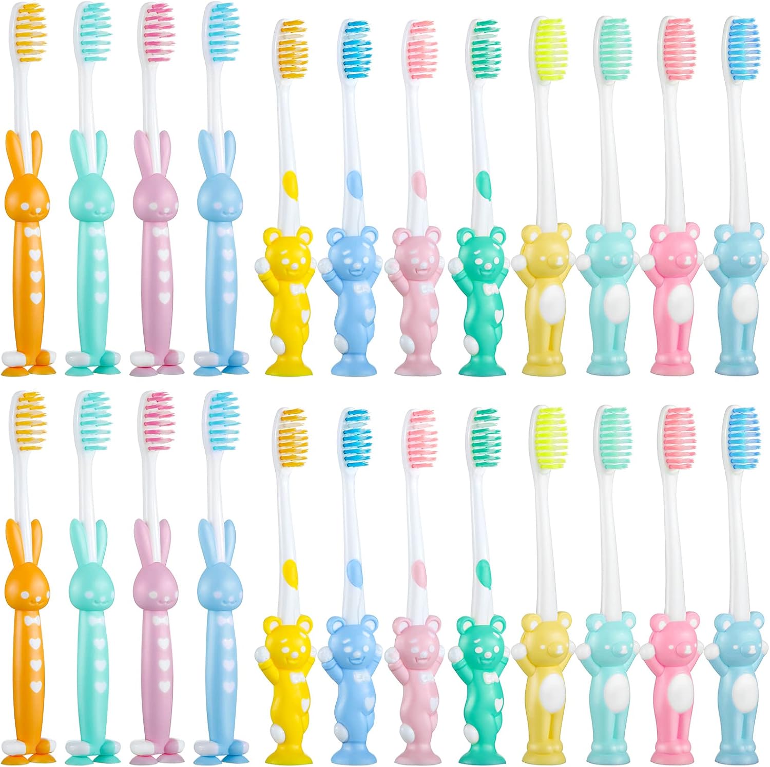 Patelai Kids Toothbrush 24 Pack front view showing colorful animal designs and suction cups.