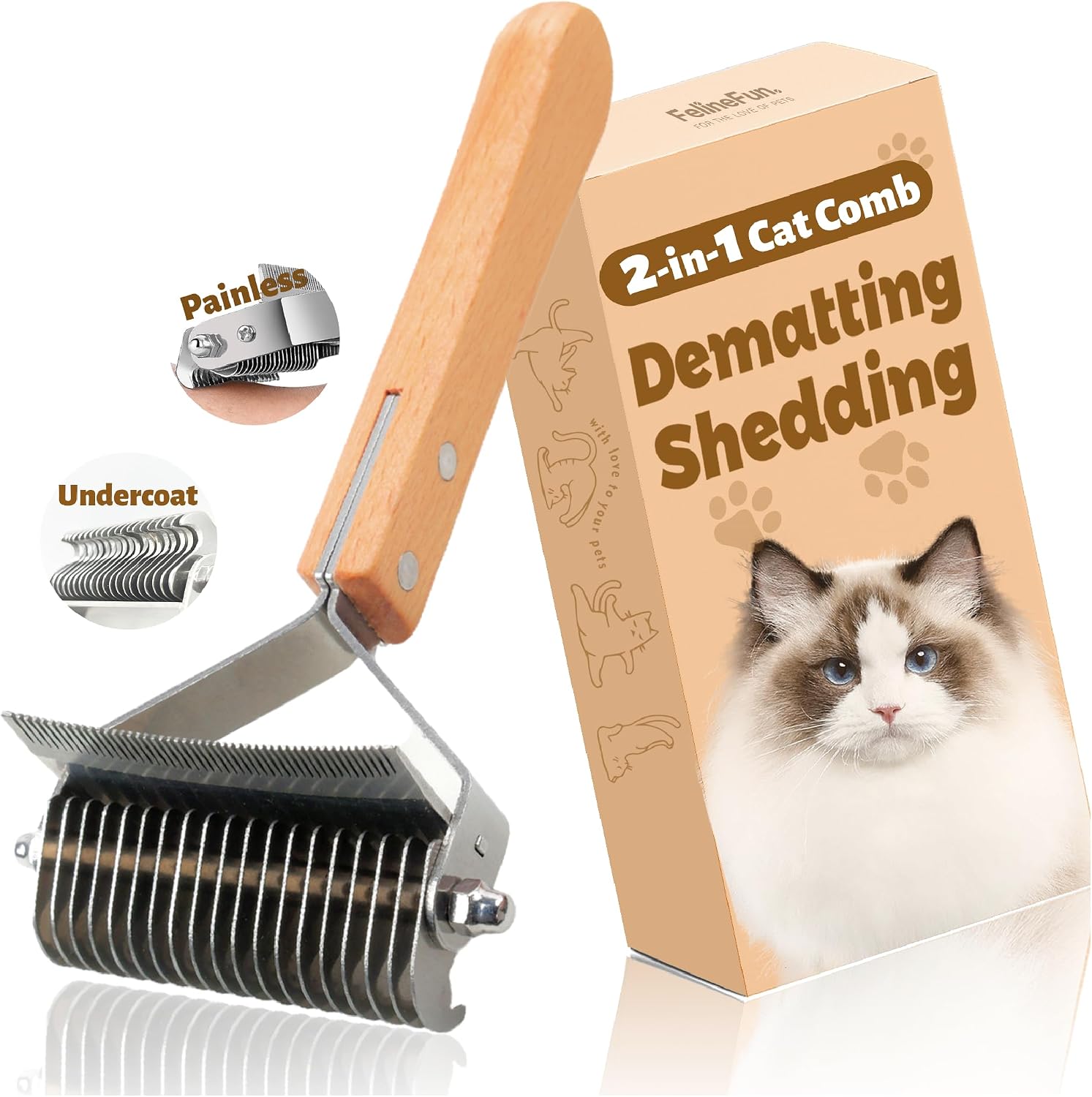 FelineFun cat brush for dematting front view showing wooden handle