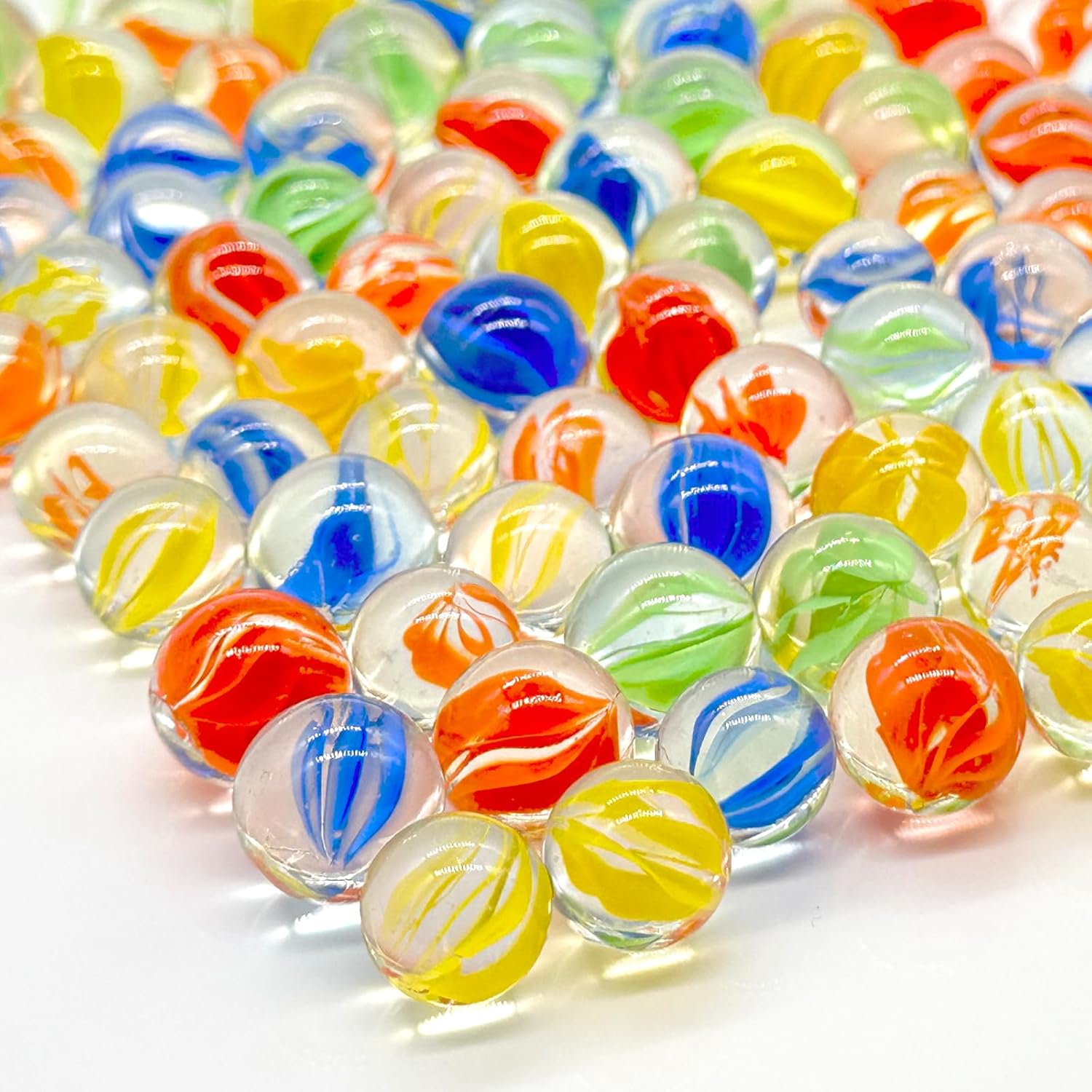 Lagincig 100-Piece Glass Marbles Set front view displaying colorful cat eye spheres.