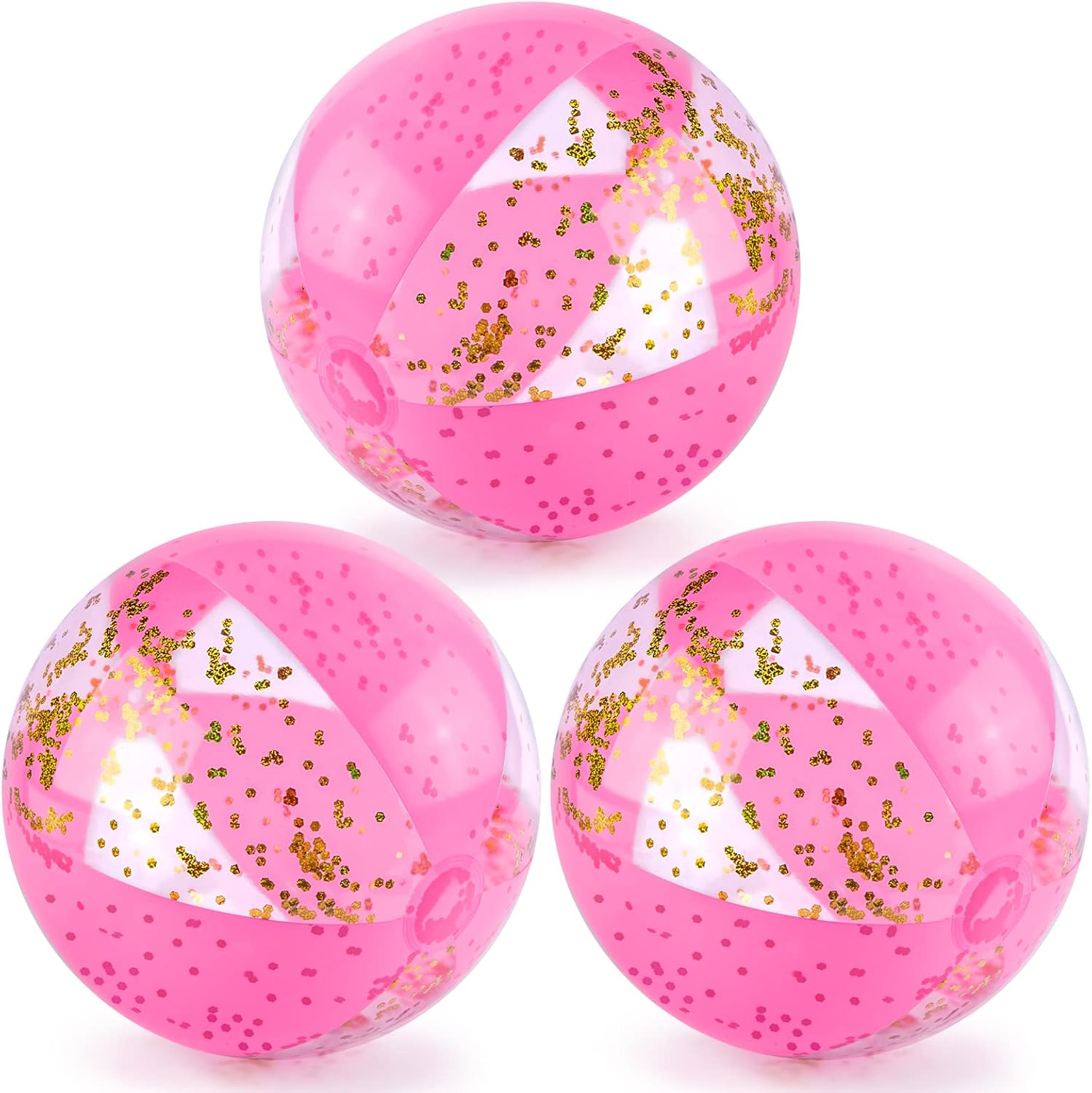 Amor Present Poplay glitter inflatable beach balls 3 pack front view showing gold confetti inside clear vinyl.