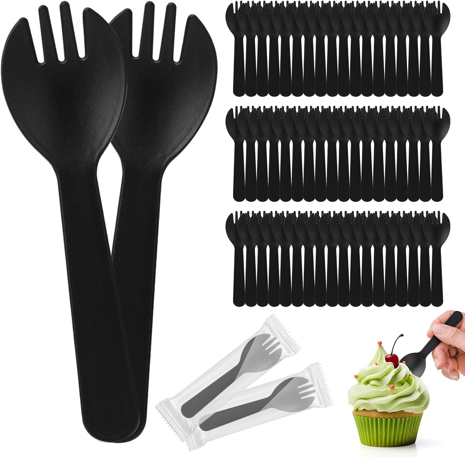 Bioudell mini plastic sporks pack of 100 front view showing matte black design