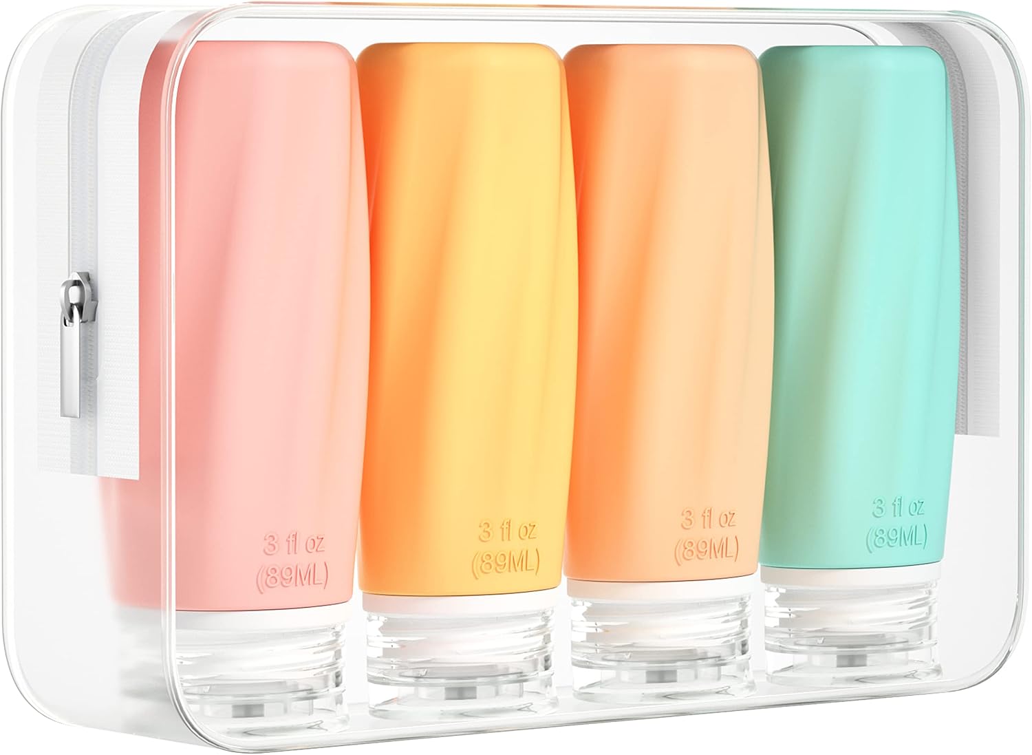 Morfone travel bottles front view with clear zipper bag