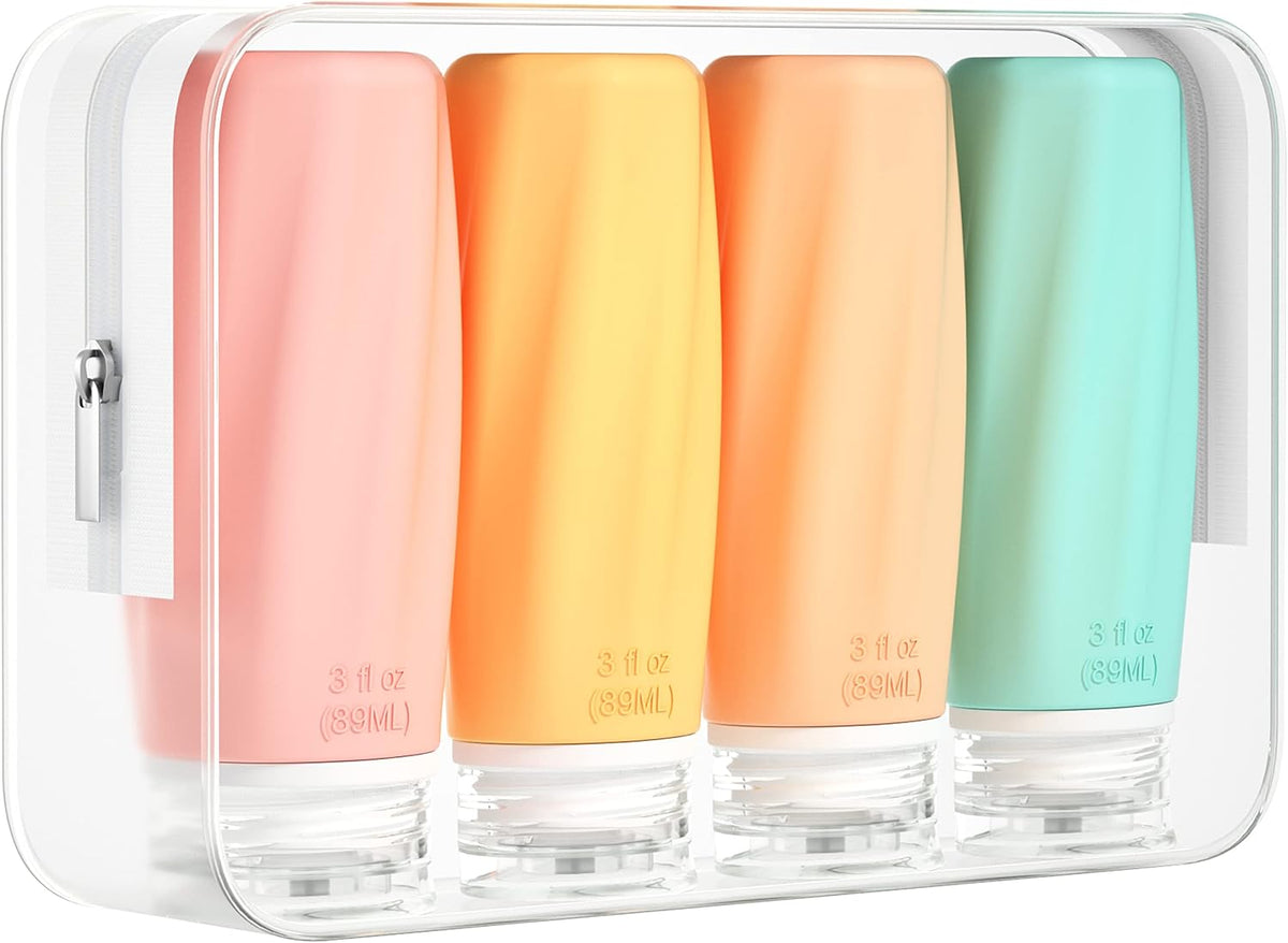 Morfone travel bottles front view with clear zipper bag