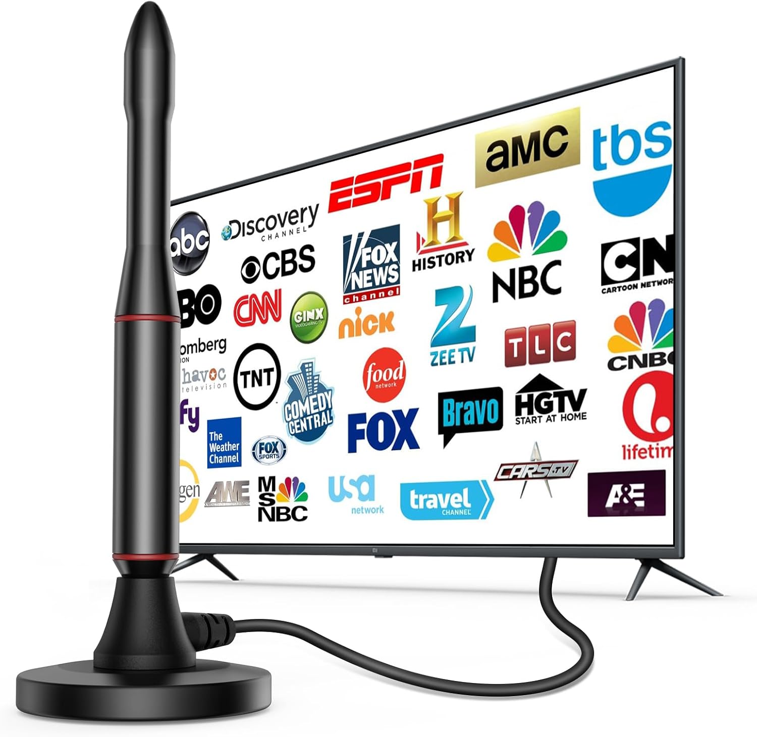 Oaitree digital TV antenna indoor front view showing compact design and attached coaxial cable.
