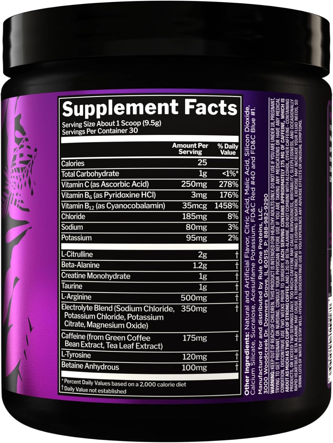 Rule 1 R1 Roar nutritional facts label and supplement panel