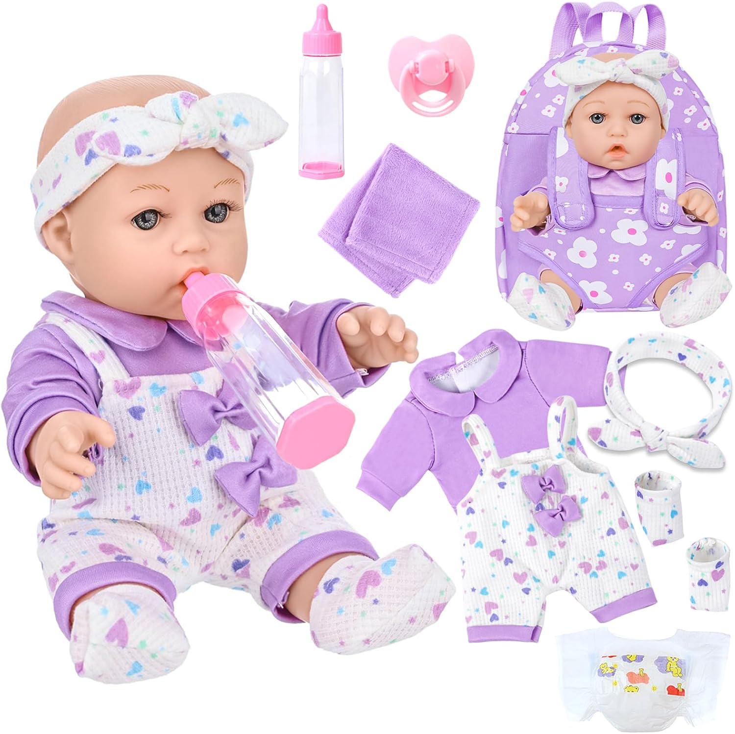 UZIDBTO twelve inch realistic baby doll front view inside gift box with purple flower backpack carrier