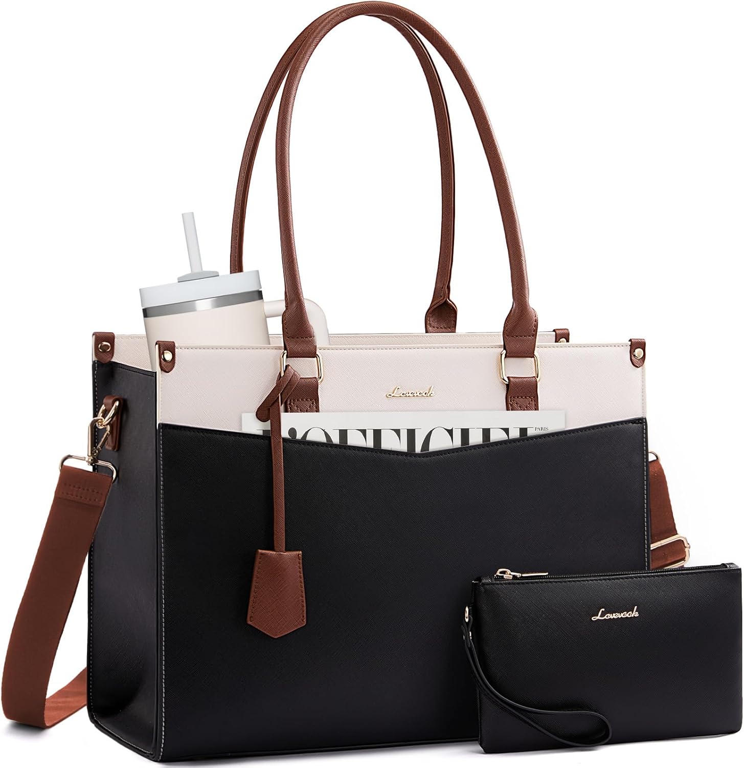 LOVEVOOK laptop bag for women front view showing black and beige faux leather work tote design.