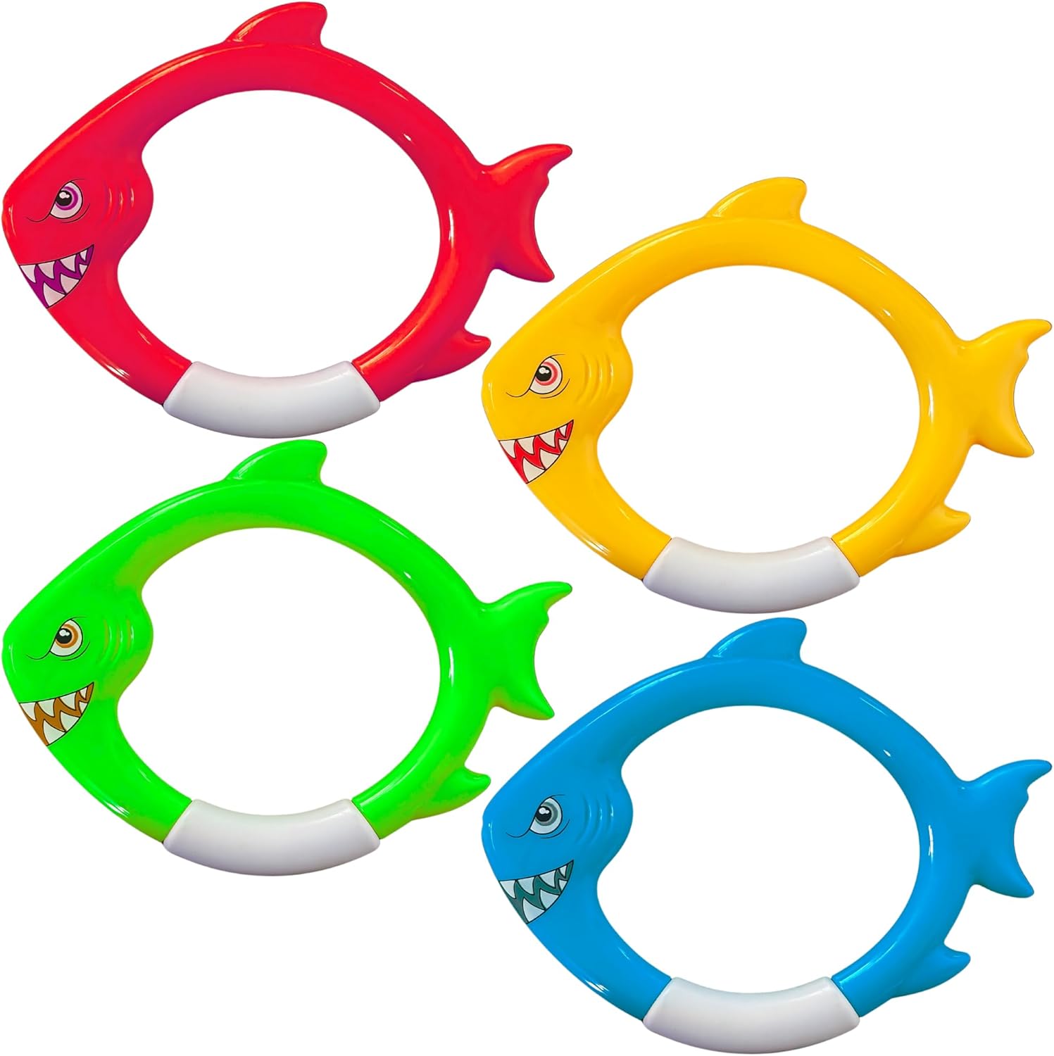 Haktoys shark dive rings four pack pool toys front view showing four colorful sinking fish rings