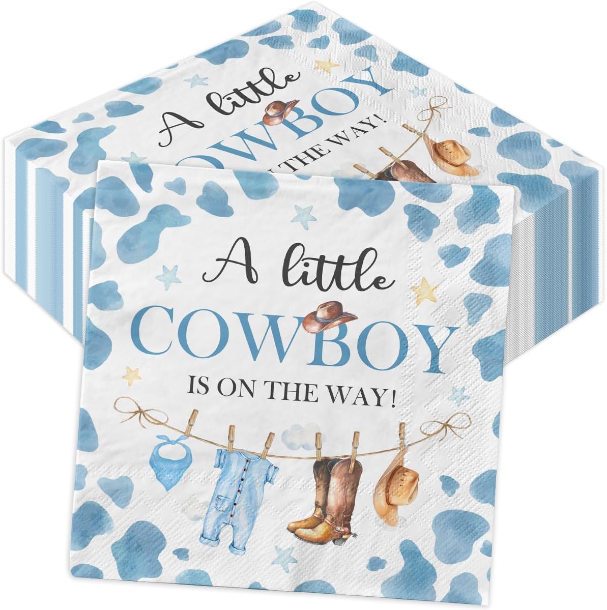 Pymurod cowboy baby shower decorations front view showing the blue watercolor clothesline design.