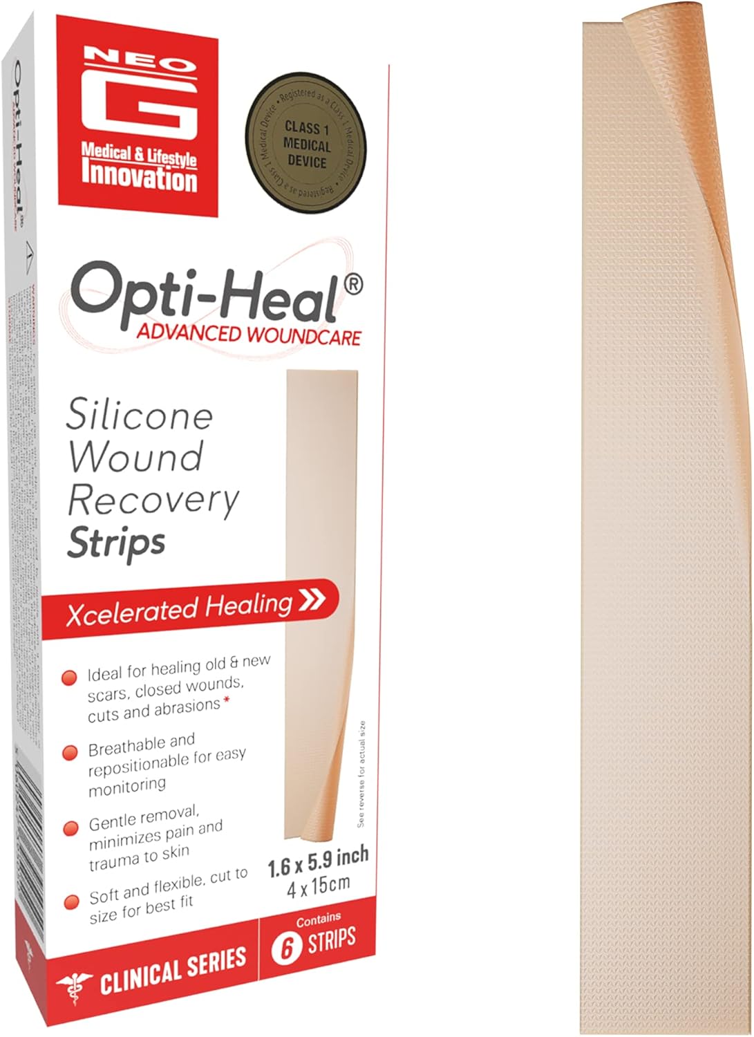 Neo G Opti-Heal Wound Recovery Silicone Scar Strips for Surgical Scars, C Section, Burn, Acne, Keloid Treatment - Medical Silicone Scar Sheets - New and Old Scar Treatment - 1.6 x 5.9 inch - 6 Strips - Image 1