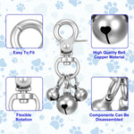 An overview of the complete eight piece silver pet training bells set demonstrating product packaging contents