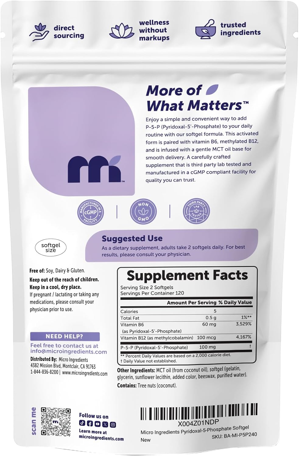 Side profile of Micro Ingredients P5P bottle displaying daily wellness benefits