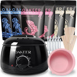 Oakeer hair removal wax warmer kit front view with black melting pot machine and accessories.