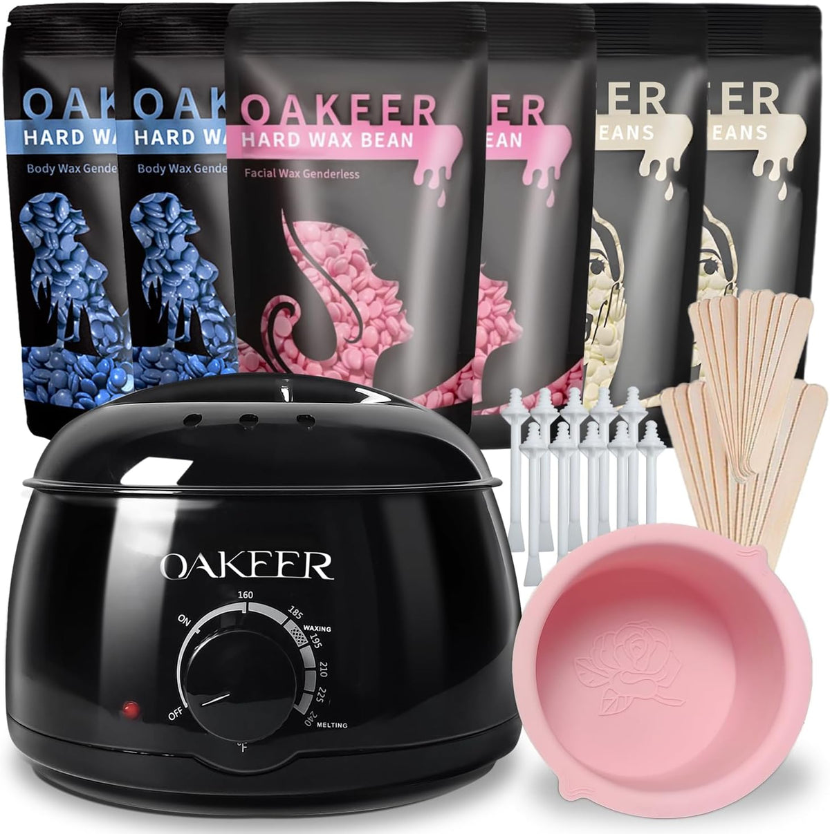 Oakeer hair removal wax warmer kit front view with black melting pot machine and accessories.