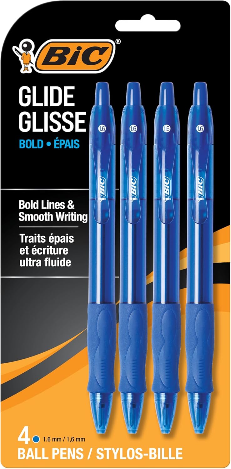 BIC Glide Bold Blue Ballpoint Pens, Bold Point, 1.6mm, 4-Count Pack - Image 1